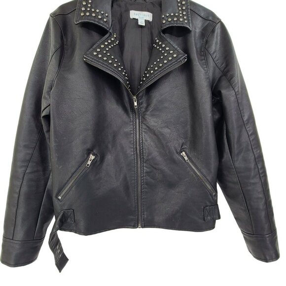 25.  Boutique Plus Black Faux Studded Zip Up Motorcycle Jacket Black Size 0X - Picture 2 of 12